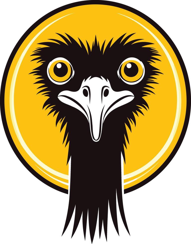 A cartoon ostrich head with large eyes and a comical expression, set against a yellow circular background vector