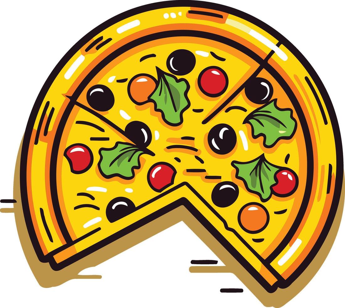 A cartoon style pizza with a slice missing, perfect for menus, advertisements, or social media posts vector