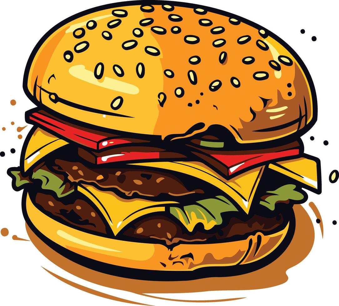 A mouthwatering cartoon illustration of a classic cheeseburger, perfect for menus, food blogs, or social media posts vector