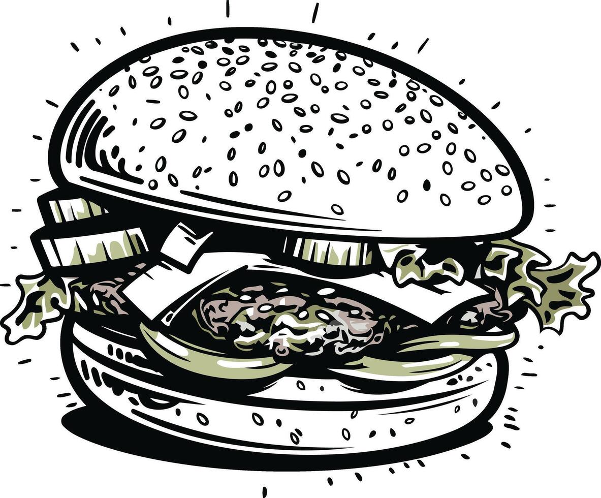 A hand-drawn illustration of a juicy burger, perfect for menu design, food blogs, and social media posts vector