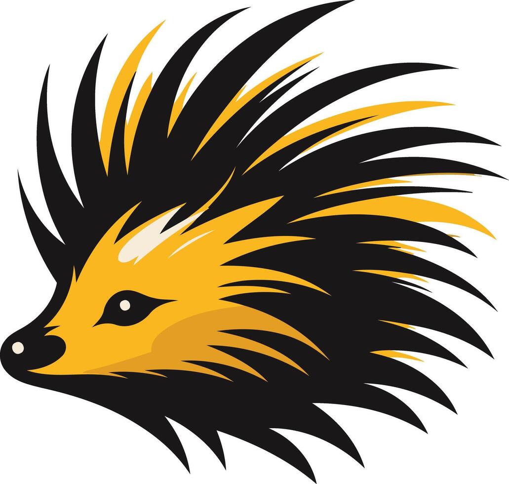 A stylized, bold illustration of a porcupine head with yellow and black quills vector