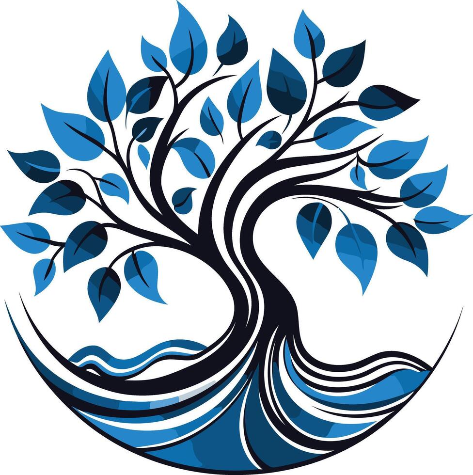 A stylized tree of life with blue leaves and flowing roots, symbolizing growth, connection, and the circle of life vector