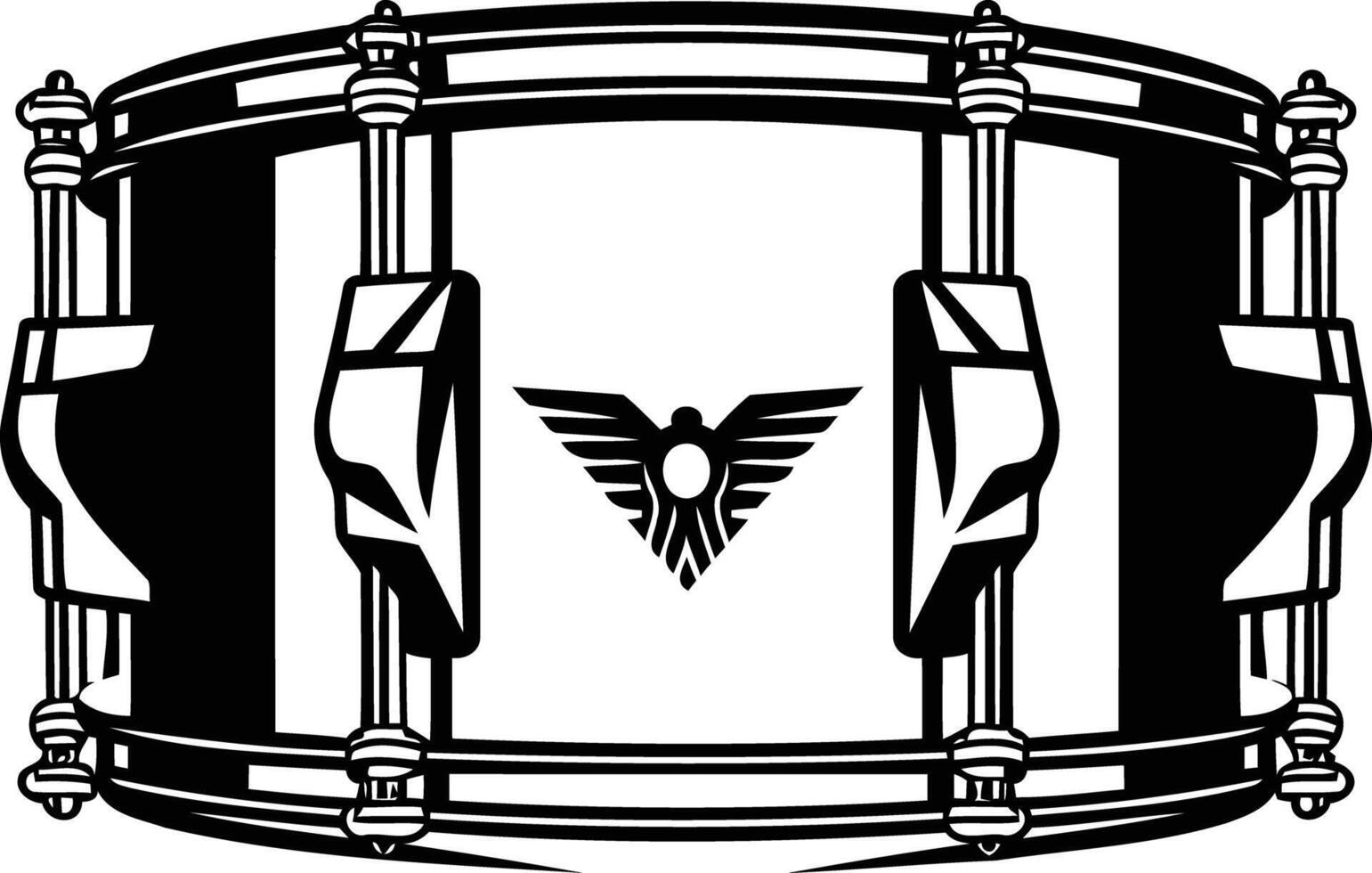 Black and white illustration of a snare drum with a winged logo vector