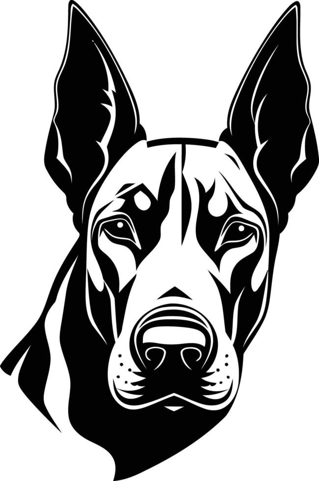 A striking black and white silhouette of a doberman pinscher's head vector