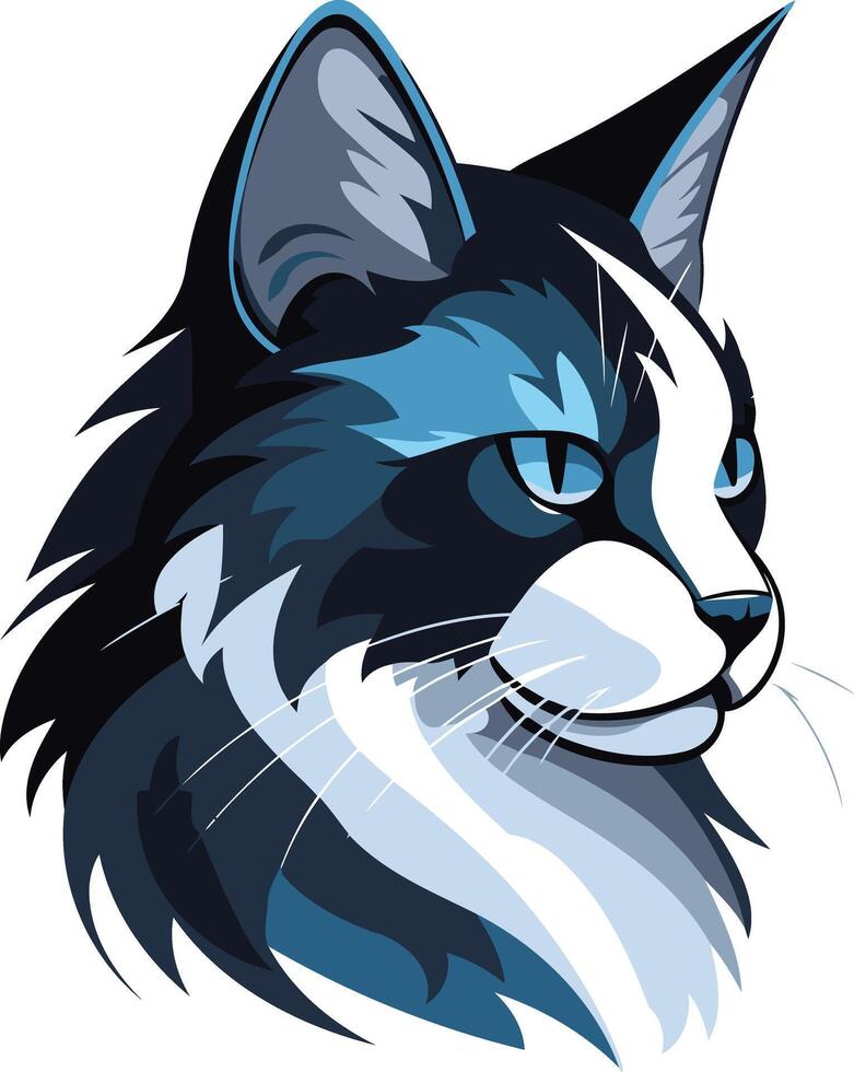 A striking illustration of a majestic cat's head, featuring a sleek blue and white color scheme and piercing blue eyes vector