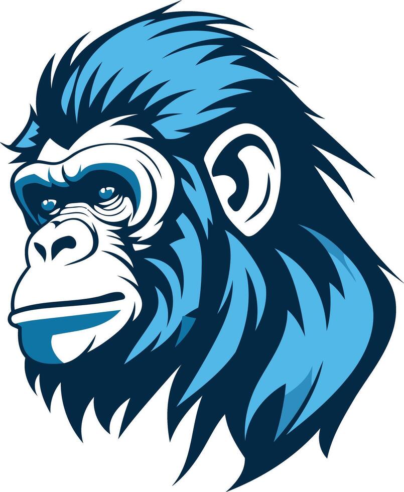 A bold and stylized illustration of a gorilla's head in blue tones vector