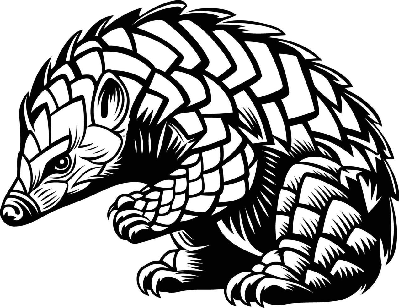 A bold, black and white illustration of a pangolin, showcasing its unique scaly armor vector