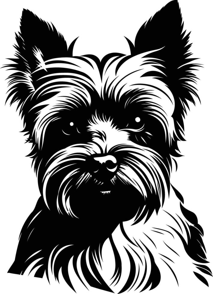 A dramatic black and white silhouette of a yorkshire terrier, perfect for pet-themed designs, prints, and social media vector