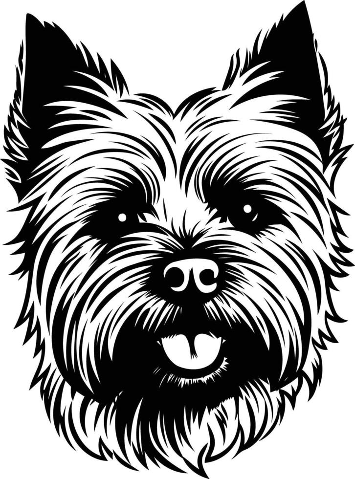A black and white line art illustration of a yorkshire terrier, looking directly at the camera with a happy expression vector