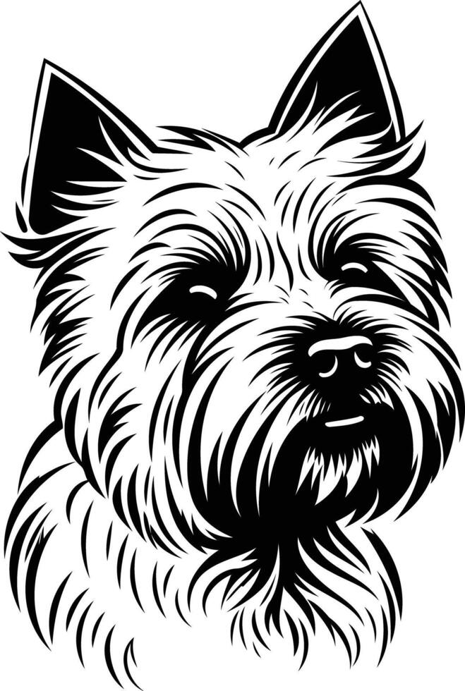 A striking black and white illustration of a westie, capturing the breed's signature fluffy fur and playful expression vector