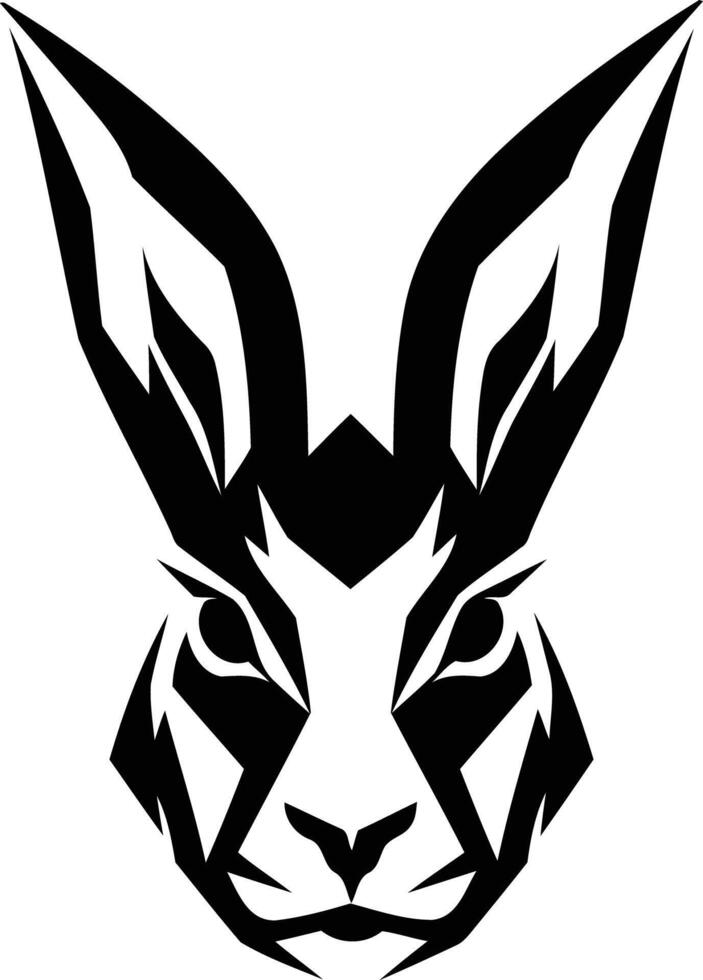 A bold and striking black and white illustration of a rabbit's head, featuring sharp, angular lines and a powerful, focused gaze vector