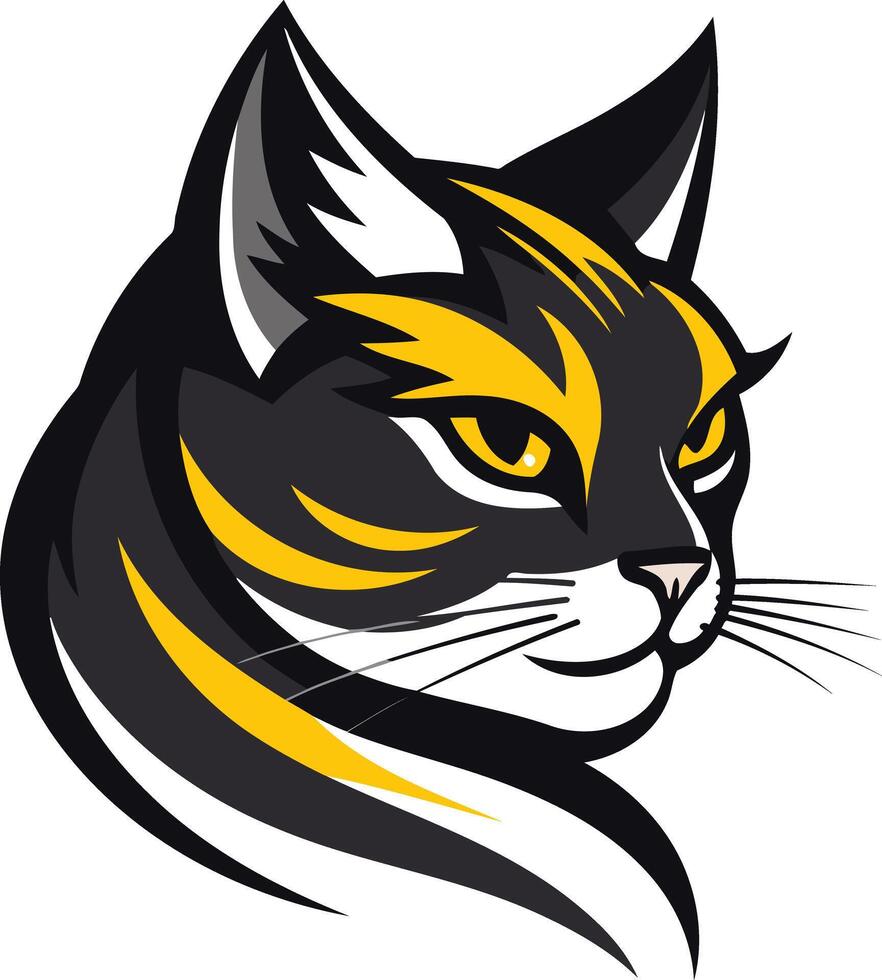 A stylized black and yellow cat head with a friendly expression, perfect for a logo or mascot design vector