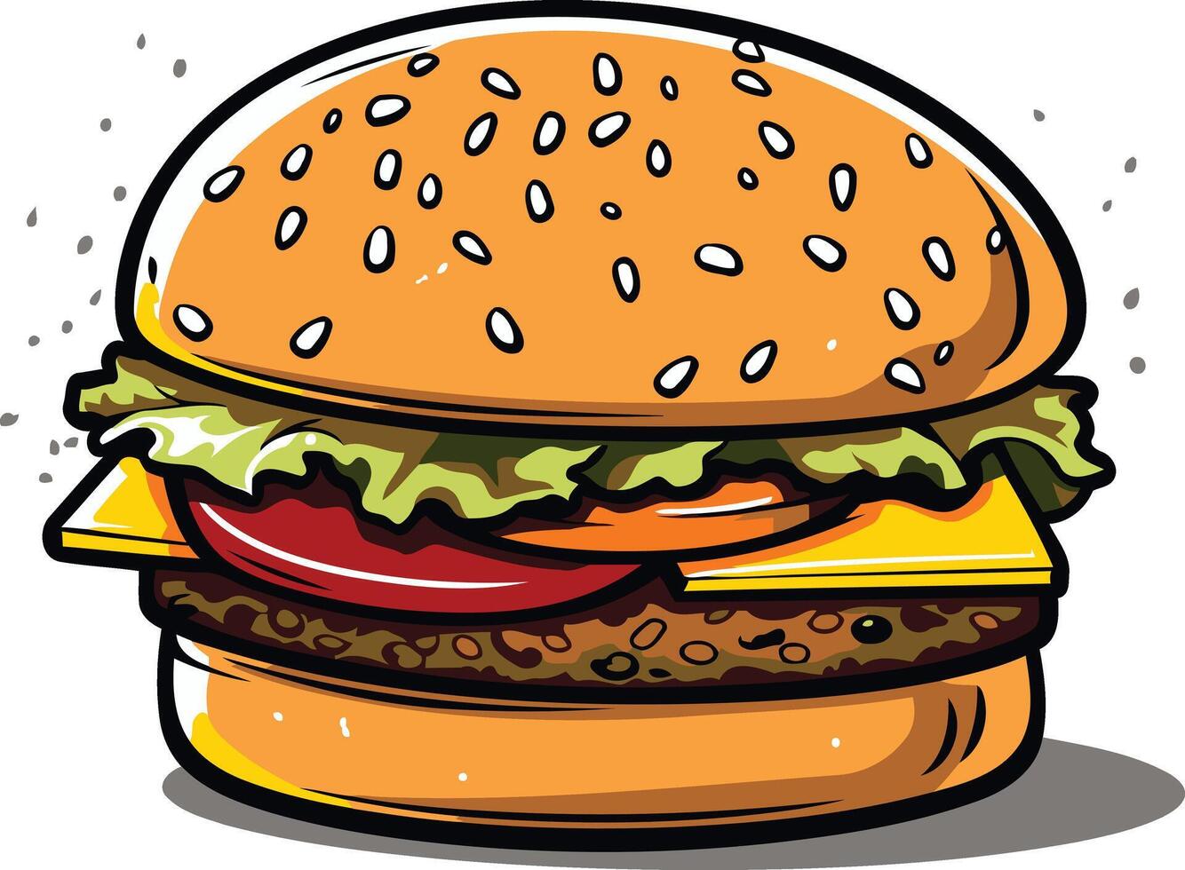 A cheerful cartoon burger with a juicy patty, cheese, lettuce, and tomato, perfect for menus, packaging, or social media posts vector