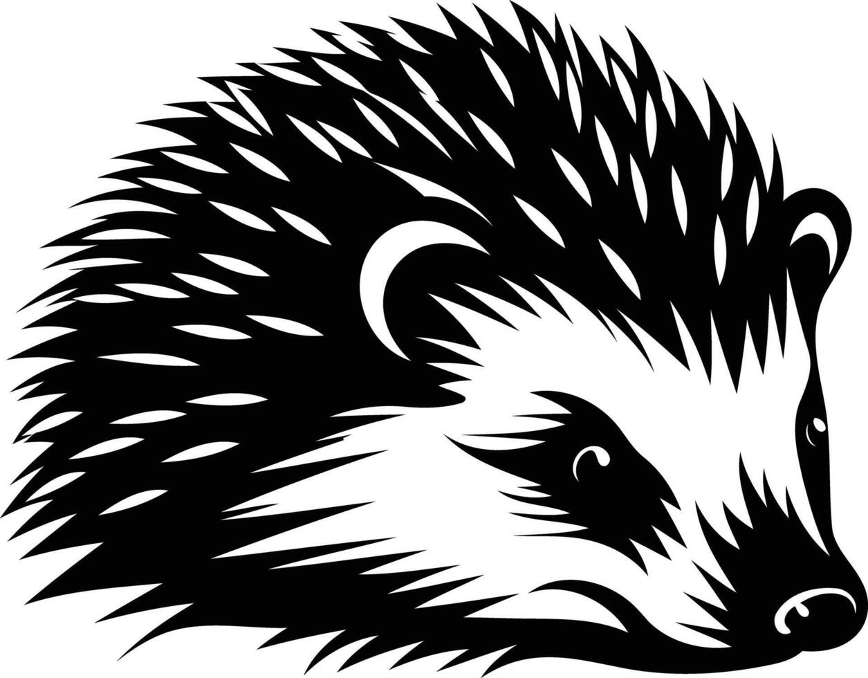 A bold, black and white illustration of a hedgehog's head, perfect for nature-inspired designs and branding vector