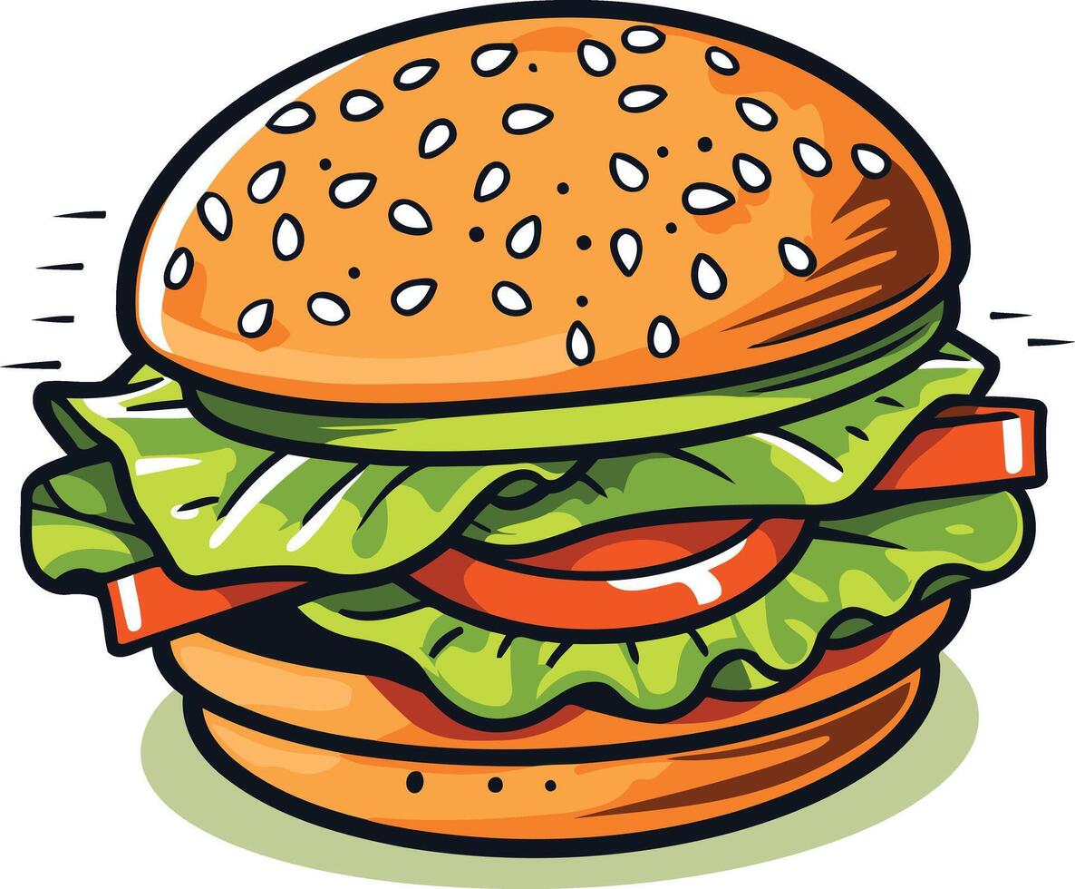A delicious cartoon burger with lettuce, tomato, and a sesame seed bun vector