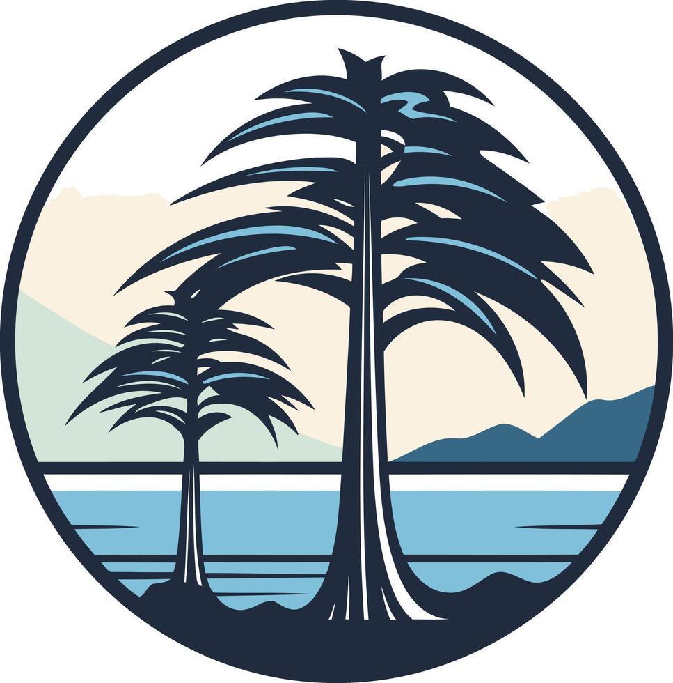 A stylized logo featuring two pine trees, with a mountain range and ocean in the background vector