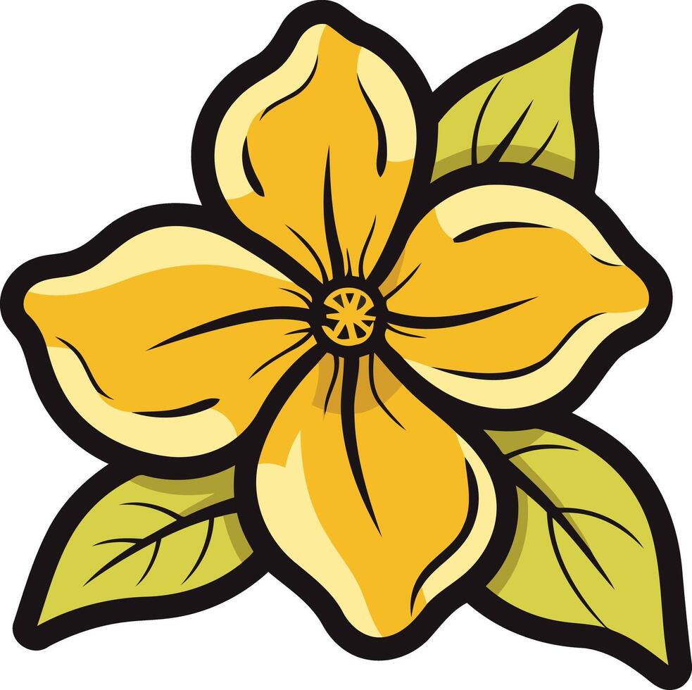 Cartoon Illustration of a Yellow Flower with Green Leaves vector