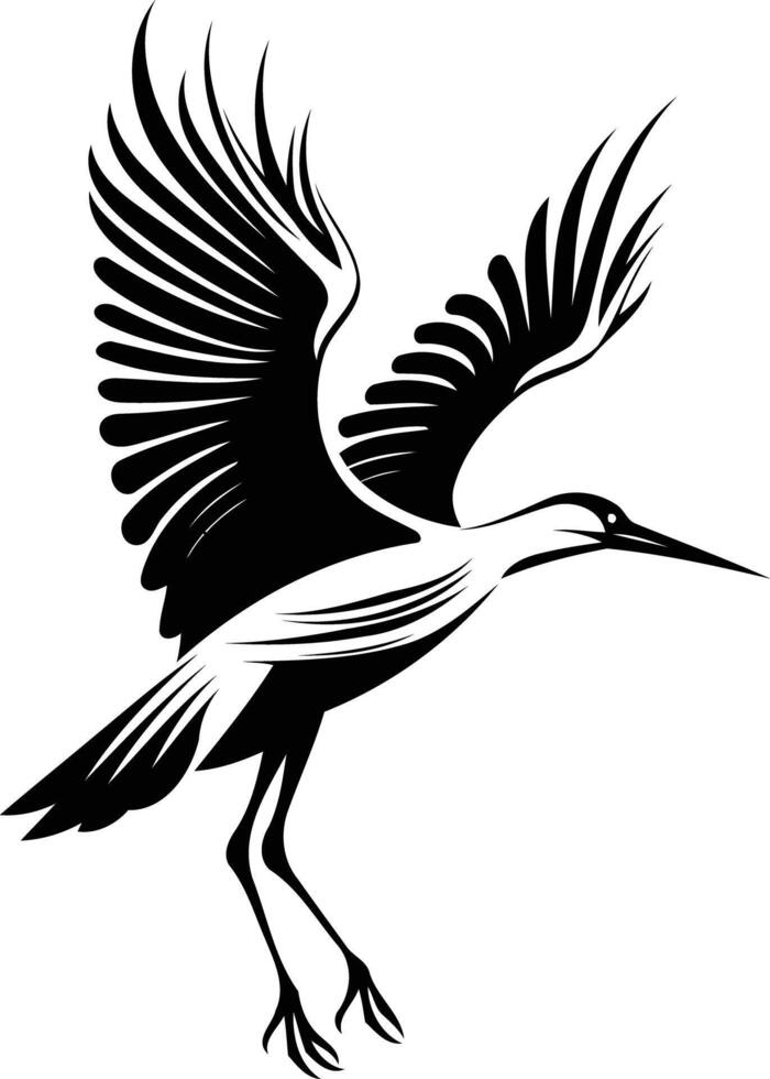 Stylized black and white illustration of a heron in flight, perfect for tattoo designs, branding, and nature-inspired art vector