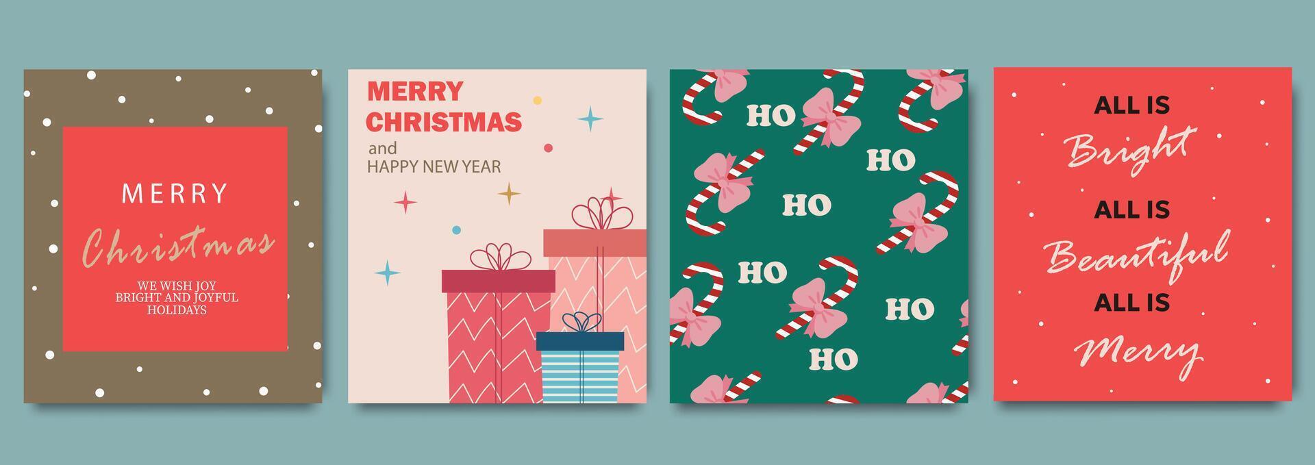 Festive Merry Christmas greeting card set. Modern art Xmas design with featuring gifts, candy canes, and joyful holiday typography. Trendy bright colorful template for season banner, poster, cover vector