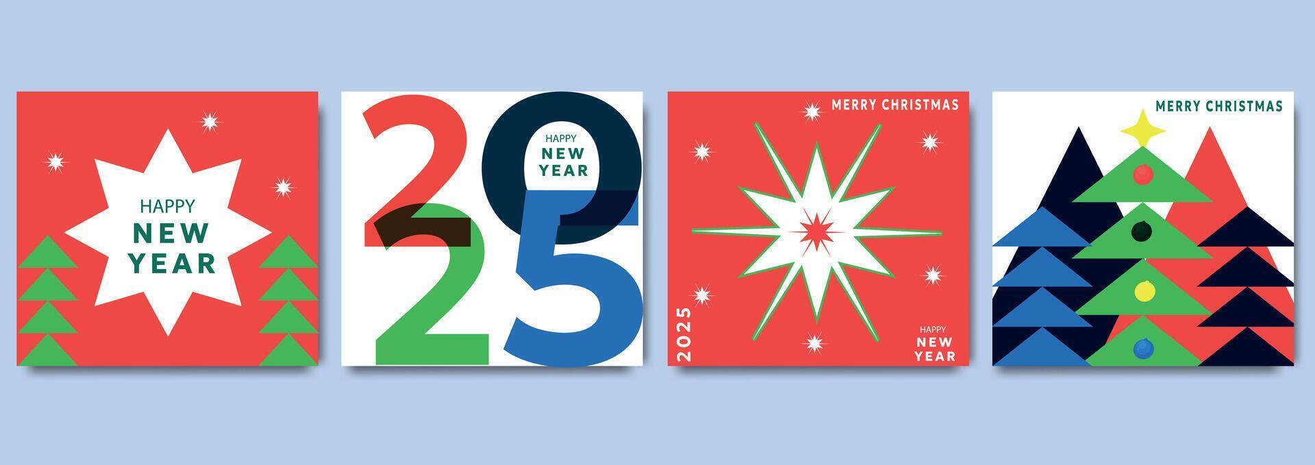 Set of 2025 New Year and Christmas posters with bright geometric designs and festive colors. Minimalistic trendy backgrounds for branding, banner, cover, card vector