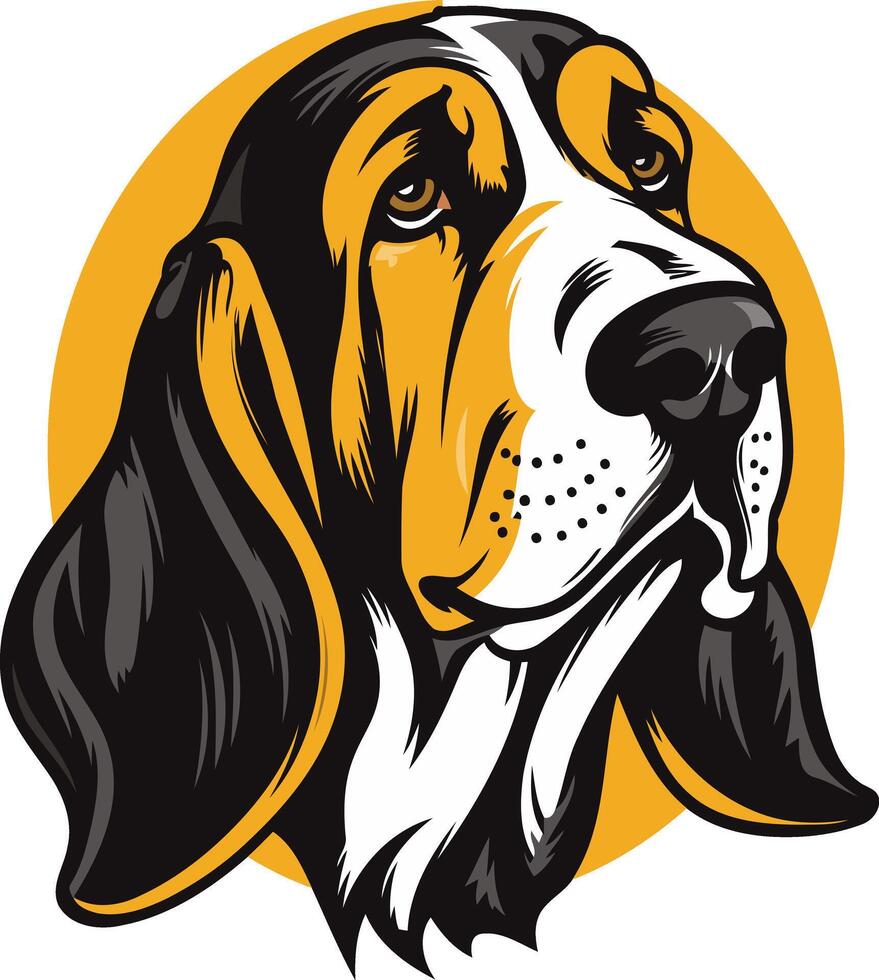 Basset Hound Portrait with a Yellow Circle Background vector