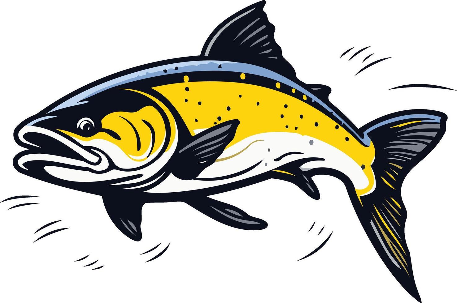A bold, cartoon-style illustration of a leaping fish with yellow, blue, and black details vector