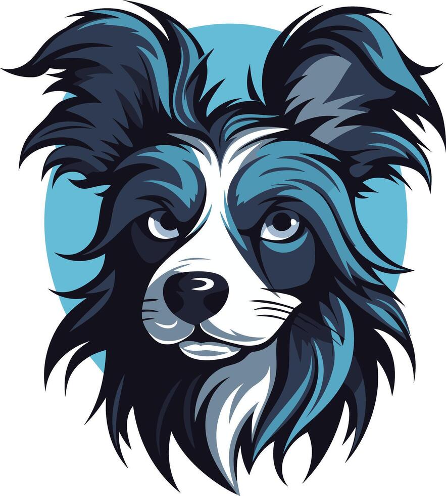 Cool, stylized portrait of a papillon dog with blue and black fur against a blue background vector