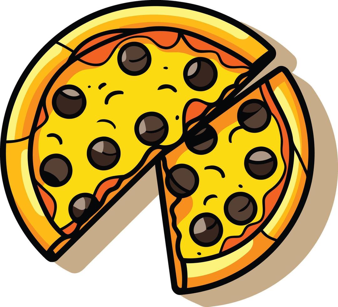 A cartoon illustration of a delicious pizza with one slice removed, perfect for menus, social media, or branding for pizza restaurants and food businesses vector