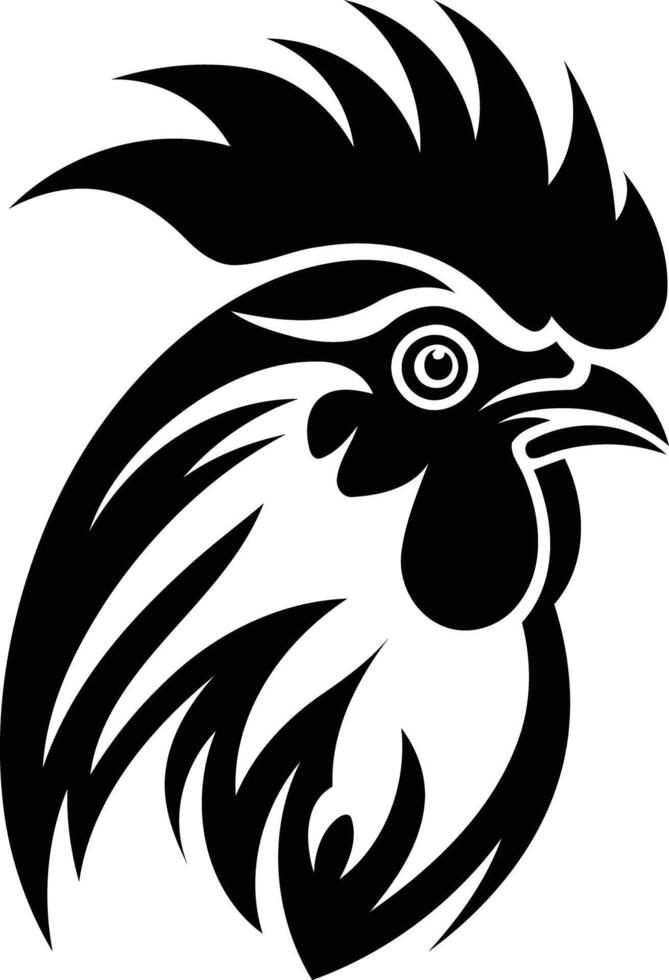 Stylized black and white rooster head illustration with tribal design elements vector