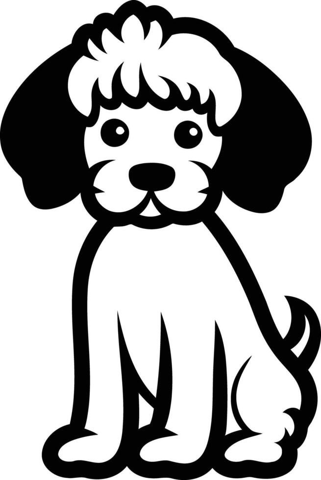 Cute cartoon poodle puppy sitting in a simple black and white style, perfect for pet related projects, logos, or children's illustrations vector