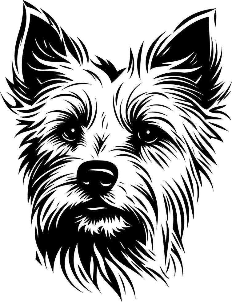 A striking black and white illustration of a yorkshire terrier's head, showcasing its expressive features and fluffy fur vector