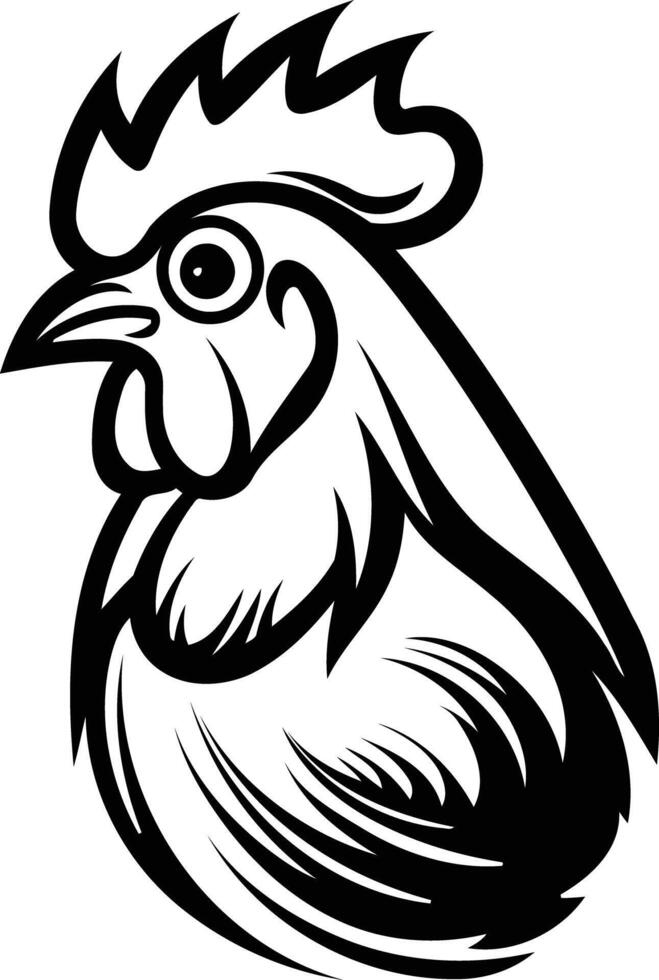 A bold, black and white illustration of a rooster's head in a stylized, graphic design vector