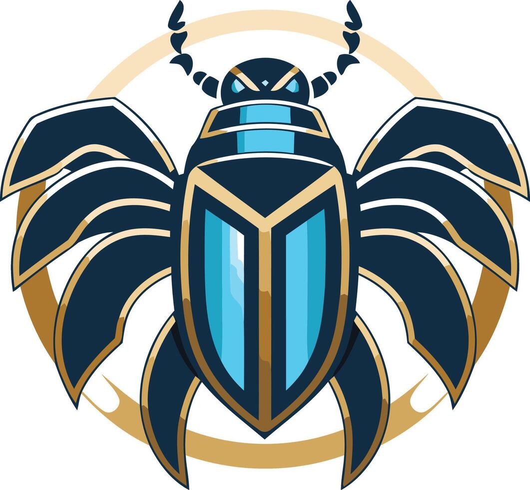A stylized, cartoon like scarab beetle design, featuring a blue and gold color scheme and a circular, halo like outline vector