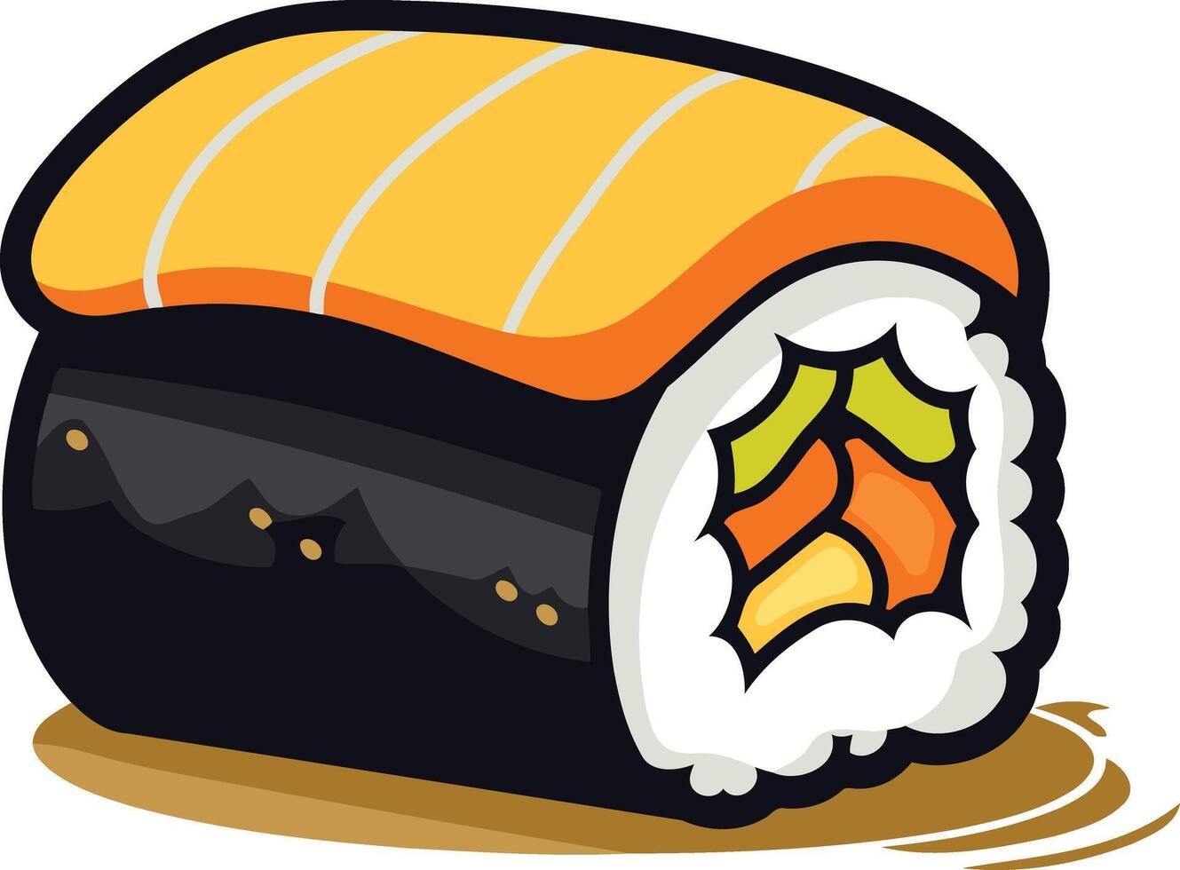 A cartoon illustration of a delicious sushi roll with salmon on top, perfect for restaurant menus, food blogs, and social media posts vector