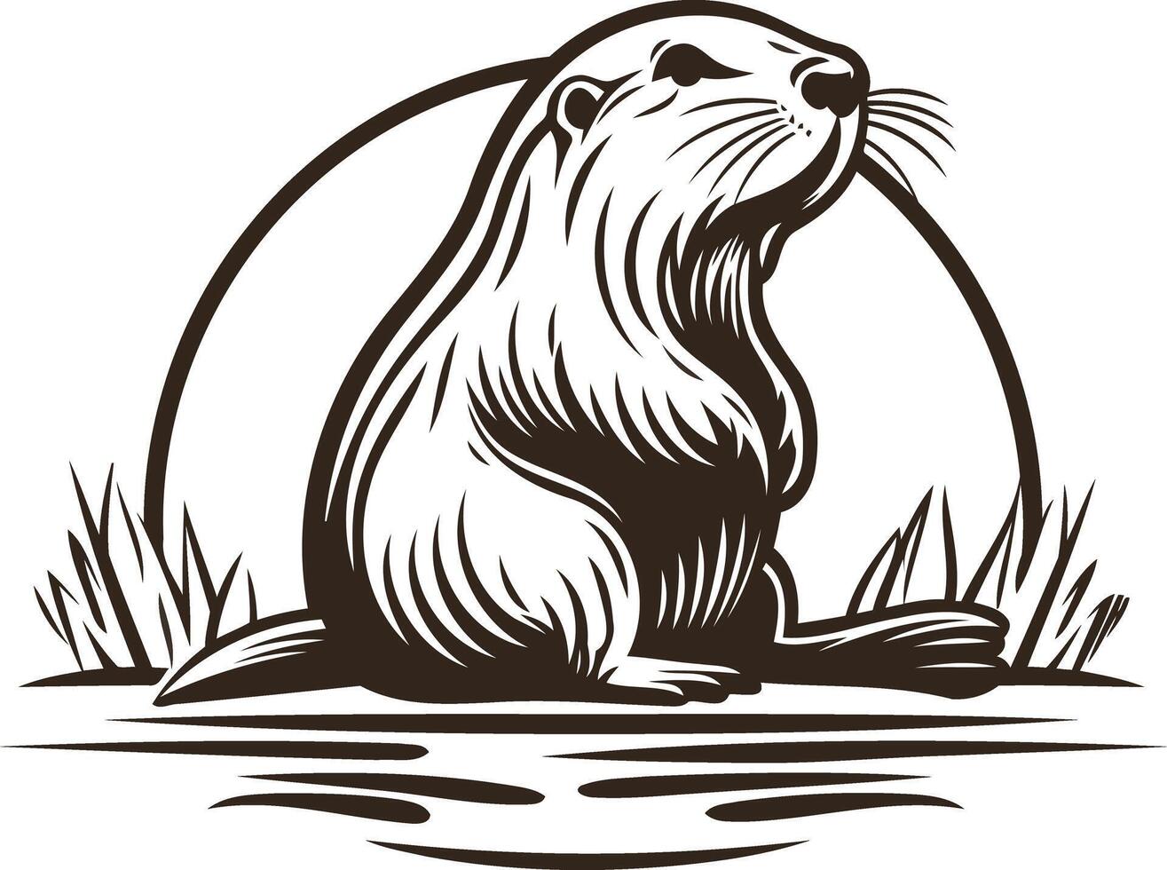 A striking black and white illustration of an otter sitting on a rock by a river, with a sun rising behind it vector