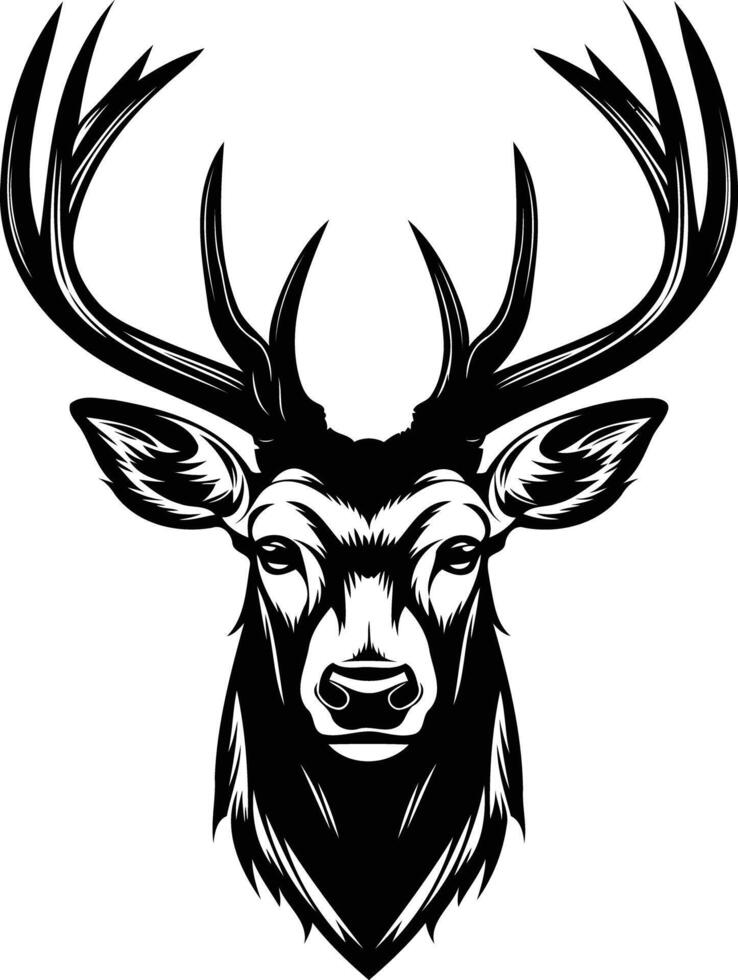 A powerful black and white illustration of a deer's head, featuring intricate antlers and a striking gaze vector
