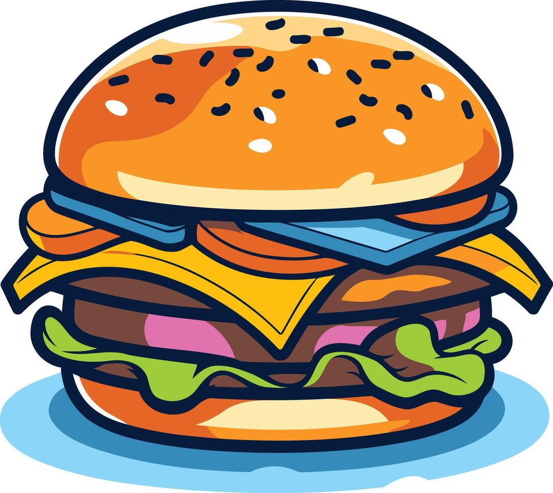 A juicy, cartoon-style double cheeseburger with all the fixings vector