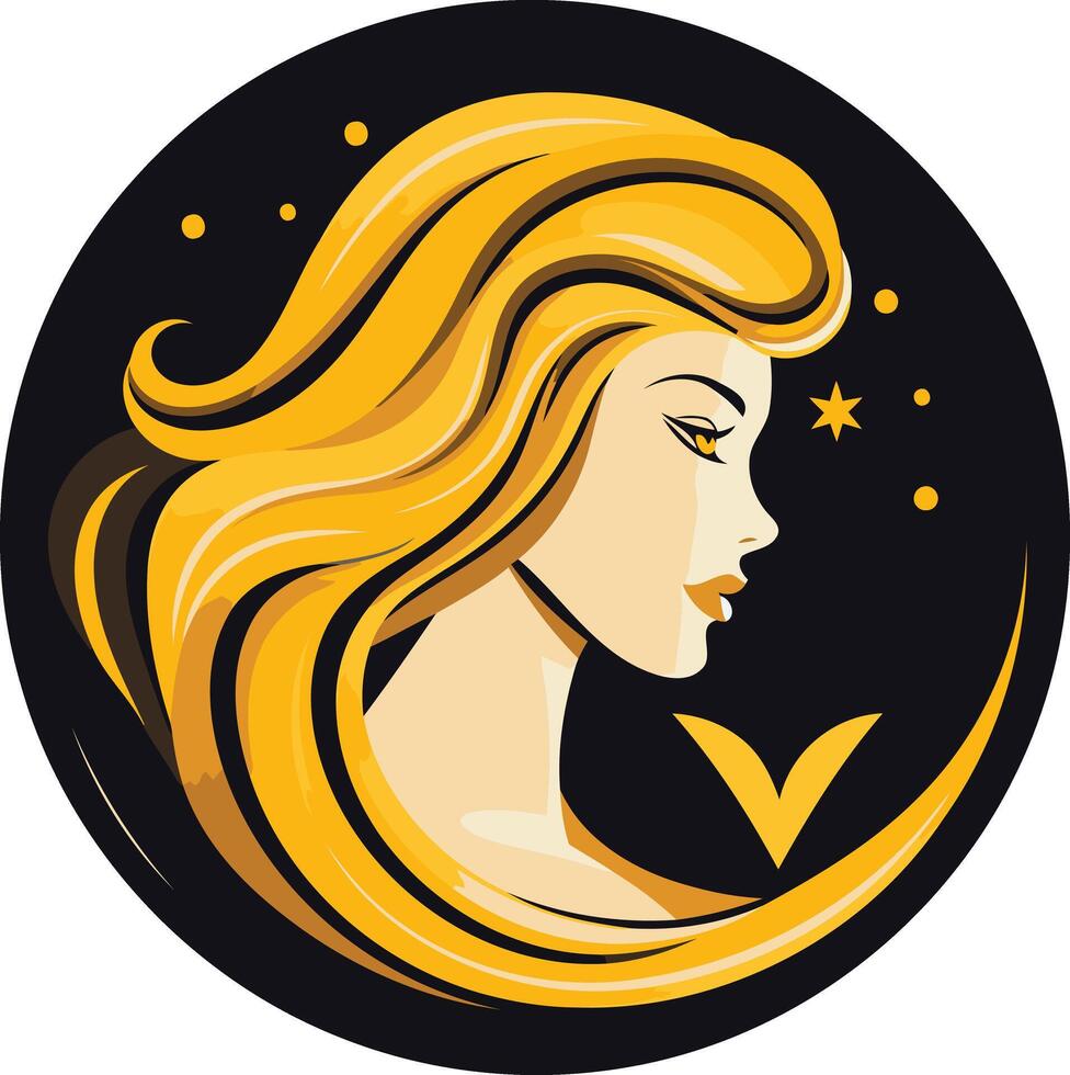 A stylized illustration of the virgo zodiac sign, featuring a woman with flowing golden hair and a subtle v symbol vector