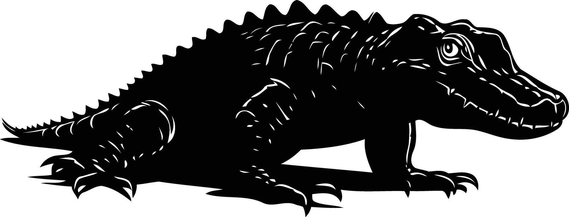 A dramatic silhouette of an alligator, with detailed scales and a powerful stance vector