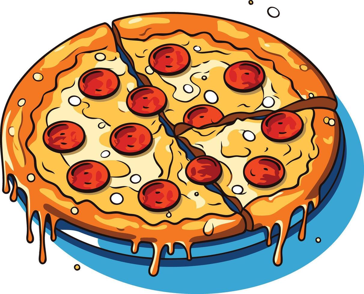 A delicious looking cartoon pizza with pepperoni and cheese, dripping with melted cheese and sauce vector