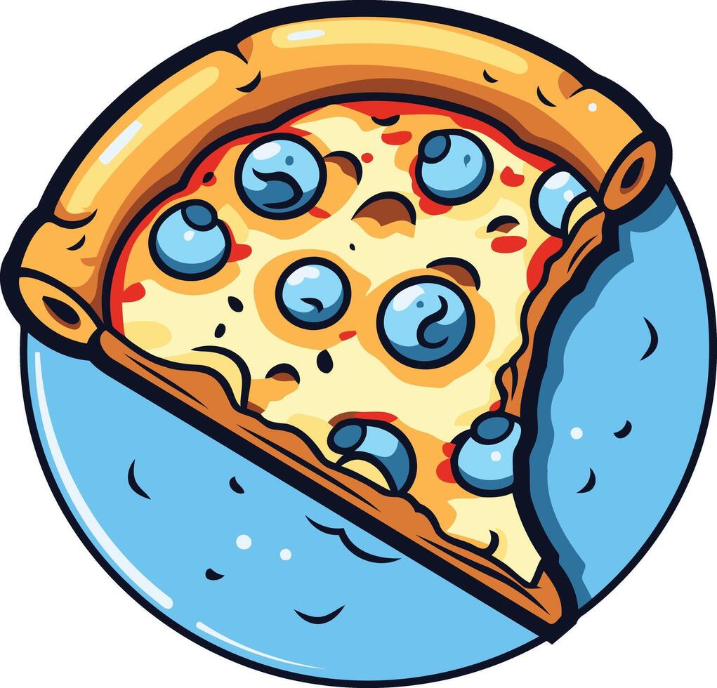 A cartoon slice of blueberry pizza, with a bite taken out, sitting on a blue plate vector
