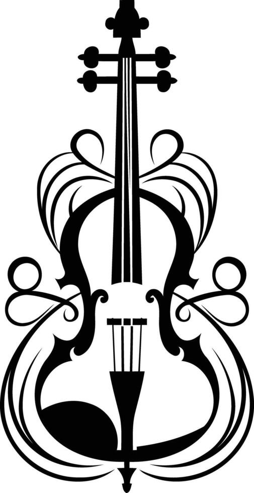 Elegant black and white illustration of a violin with decorative flourishes vector