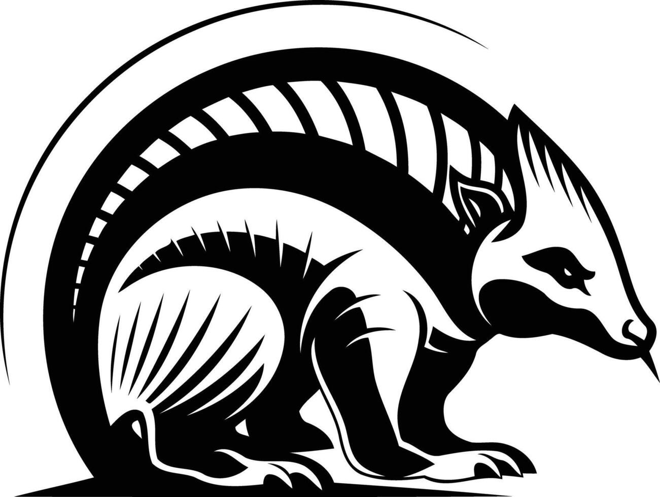 Striking black and white illustration of a stylized armadillo in a dynamic pose, perfect for branding, logos, and mascot designs vector