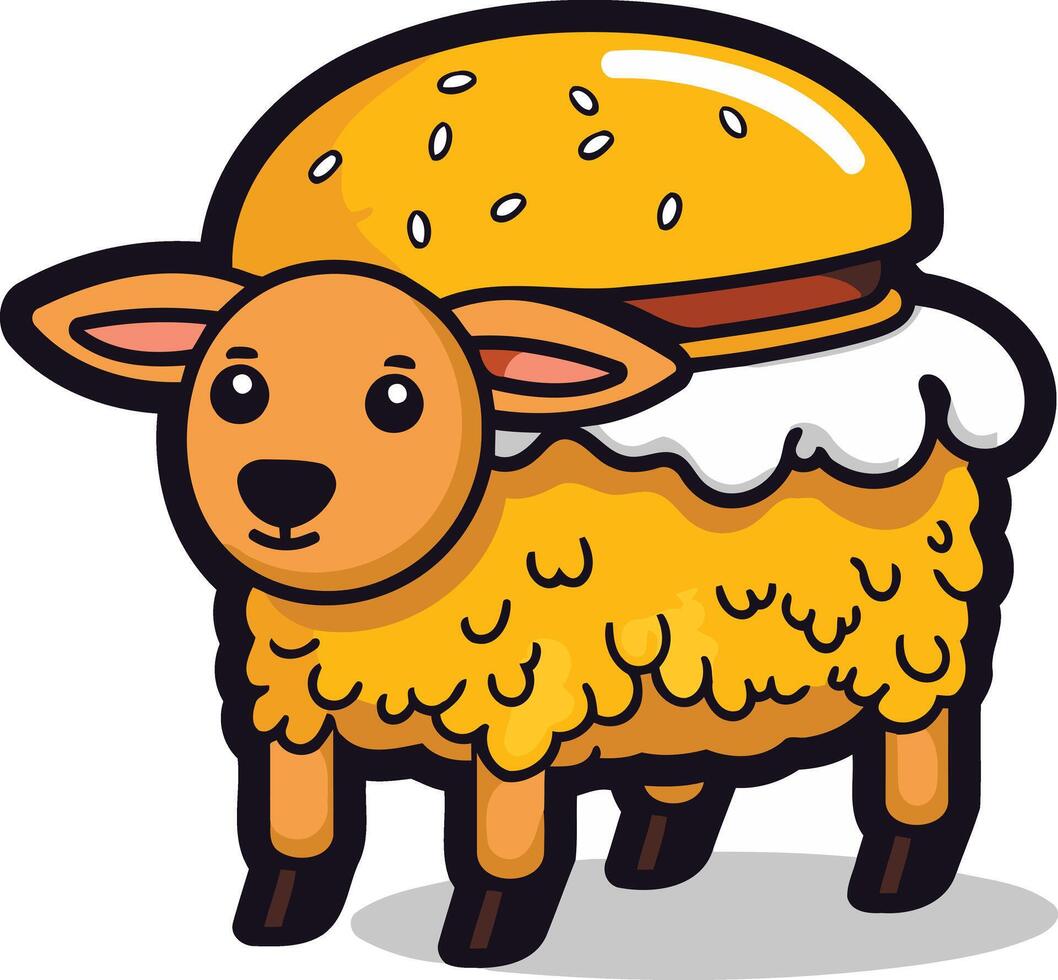 Cute cartoon sheep wearing a burger bun on its head vector