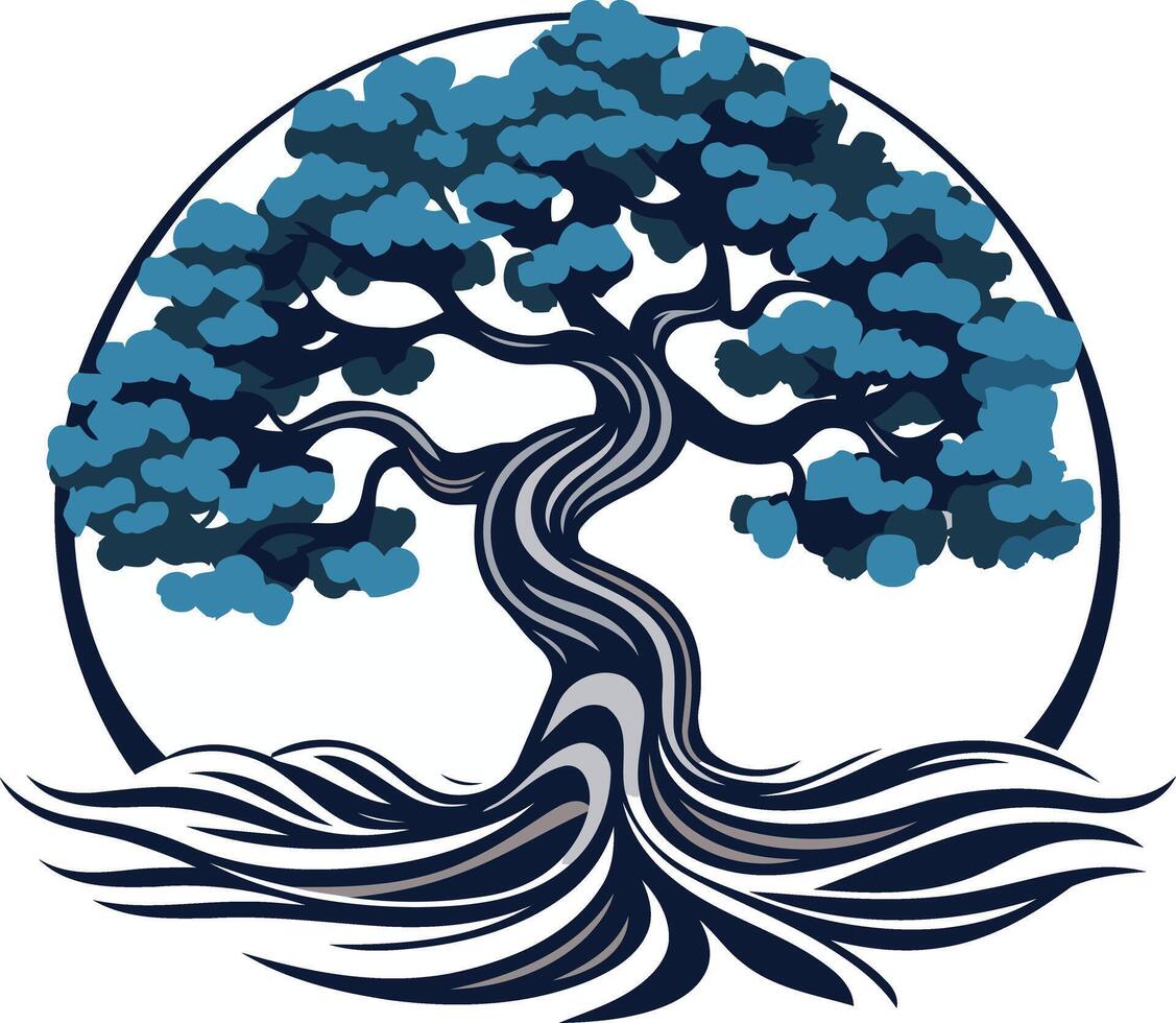 A stylized blue tree with flowing roots, symbolizing growth, strength, and connection vector