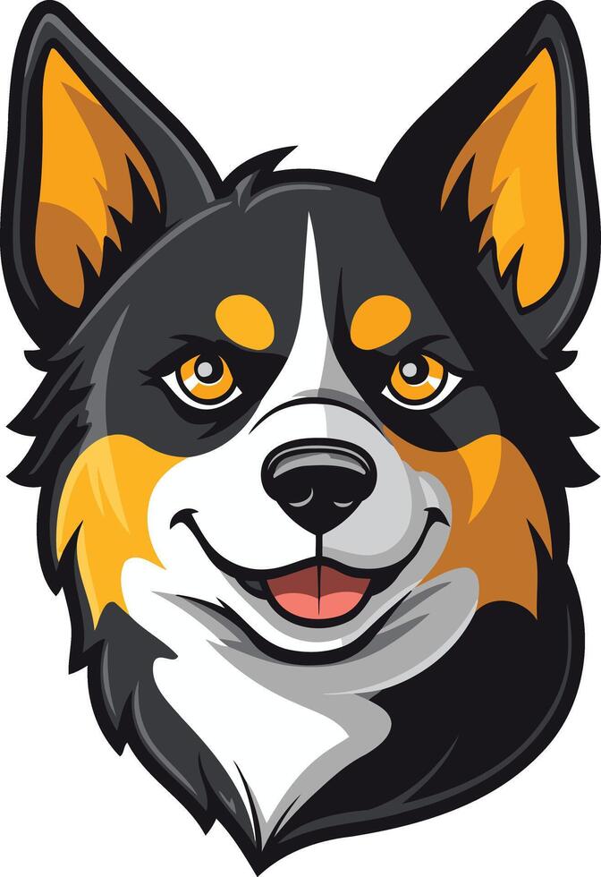 Friendly cartoon dog head with black, white and orange fur vector