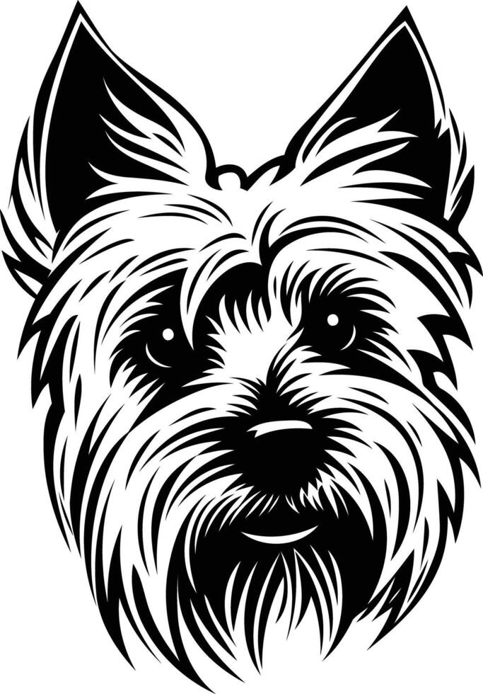 A bold, black and white illustration of a yorkshire terrier's head, perfect for pet-related projects vector
