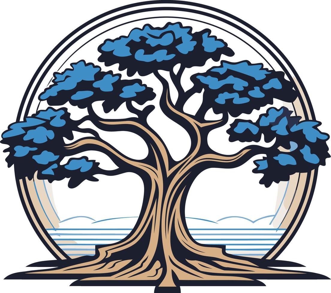 A stylized illustration of a blue leaved tree with a thick trunk and strong roots, set against a circular background vector