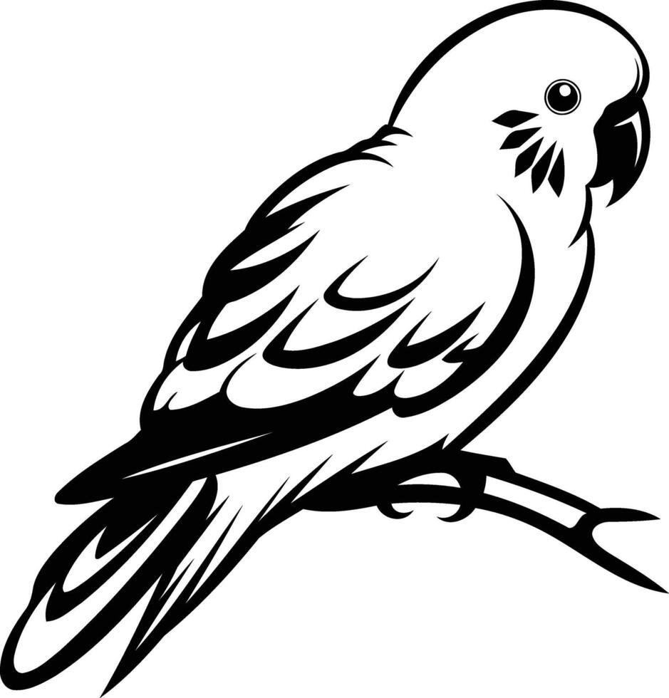Black and white line art illustration of a parrot perched on a branch vector
