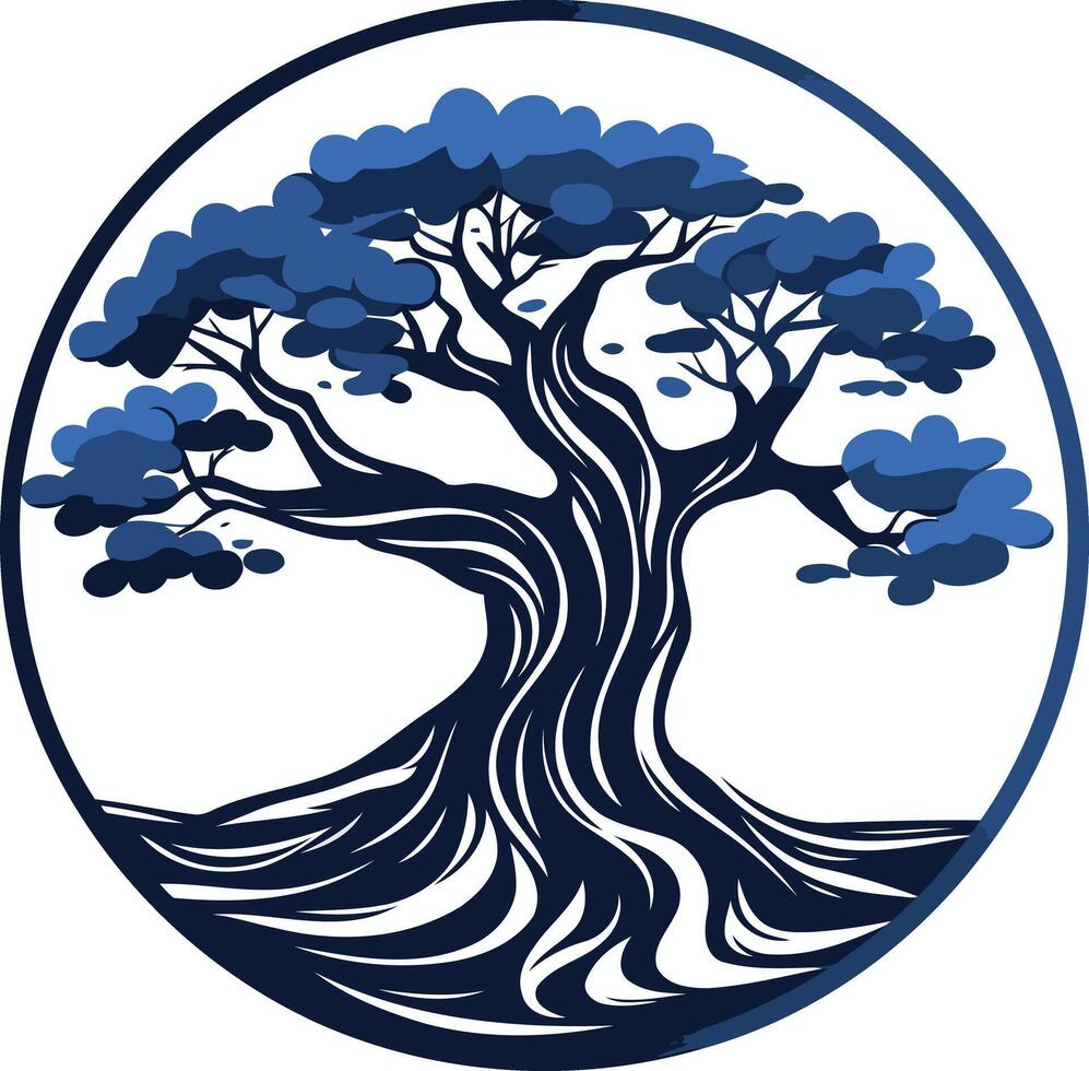 A stylized blue tree in a circle, representing growth, longevity, and stability vector